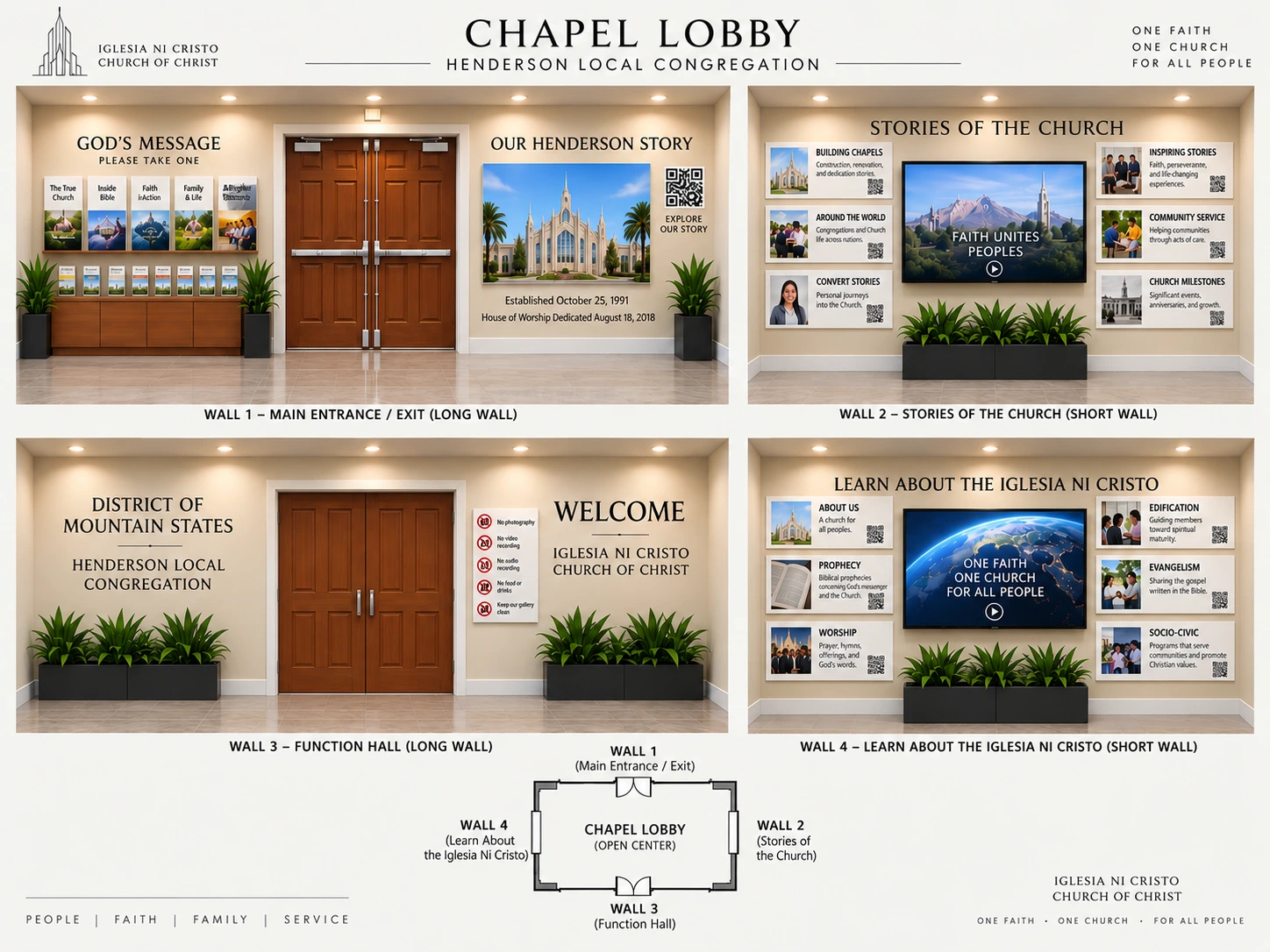 Proposed chapel lobby concept showing all four walls and the open rectangular floor plan